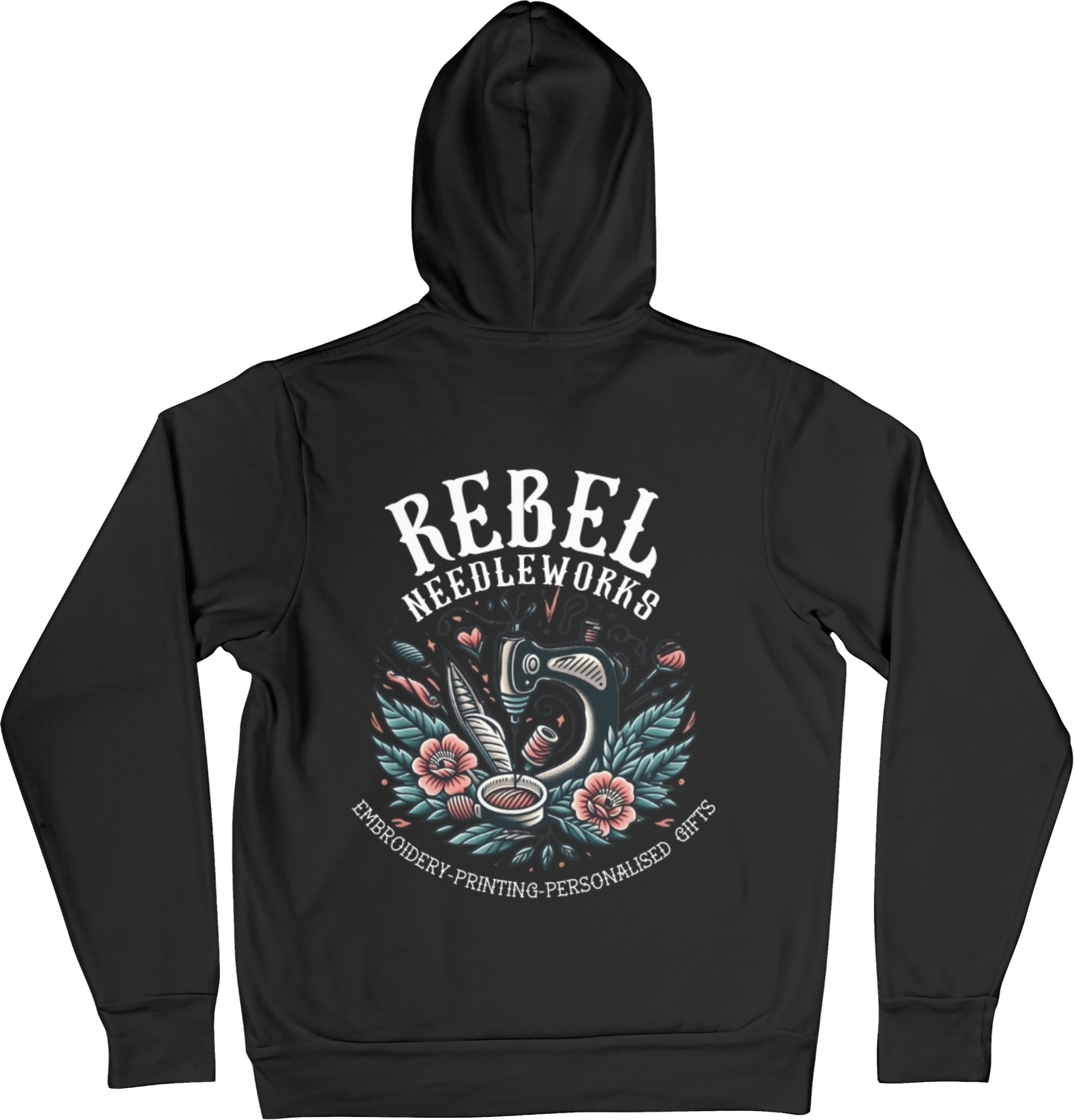 Rebel Needleworks black branded hoodie - alternative gothic merchandise UK