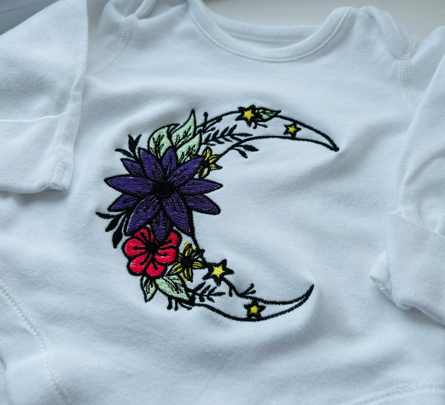 Rebel Needleworks celestial moon embroidered baby grow - alternative gothic baby gift UK