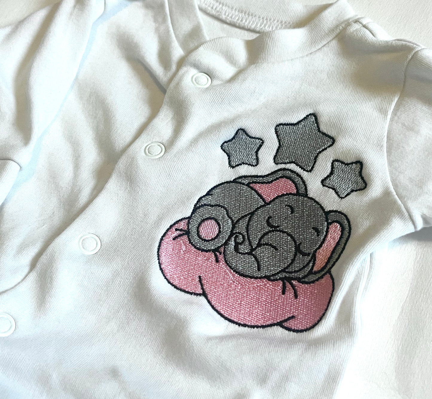 Rebel Needleworks elephant embroidered baby sleepsuit - custom personalised newborn gift UK