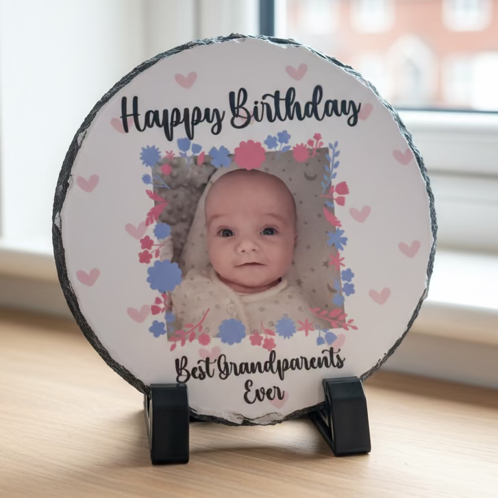 Rebel Needleworks custom personalised circular rock slate - bespoke gift with stand UK