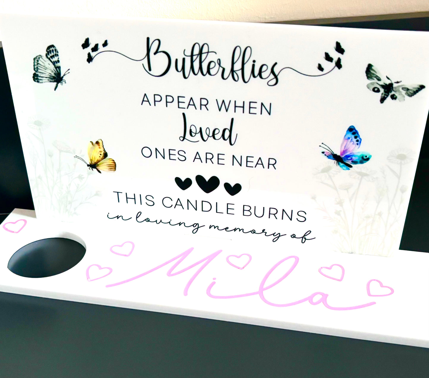 Custom memorial butterfly tealight holder by Rebel Needleworks - personalised remembrance UK