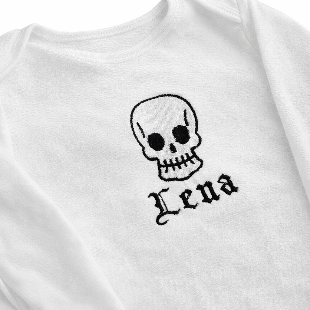 Rebel Needleworks skull personalised embroidered baby wear - gothic alternative gift UK
