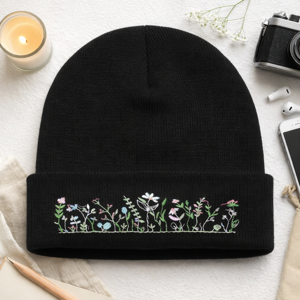 Custom wildflower embroidered beanie hat by Rebel Needleworks - personalised floral hat UK