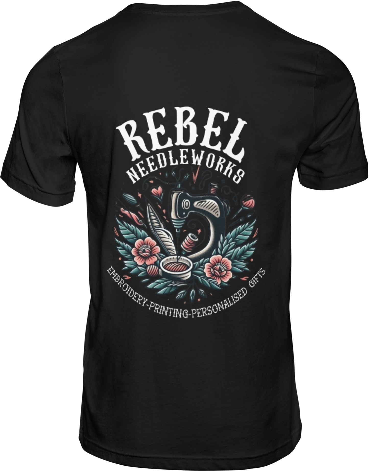 Rebel Needleworks black branded t-shirt - alternative gothic merchandise UK