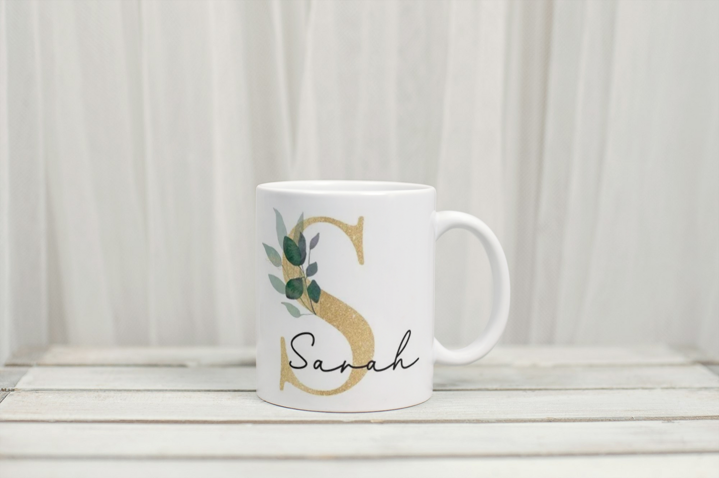 Gold Botanical Letter Personalised Mug