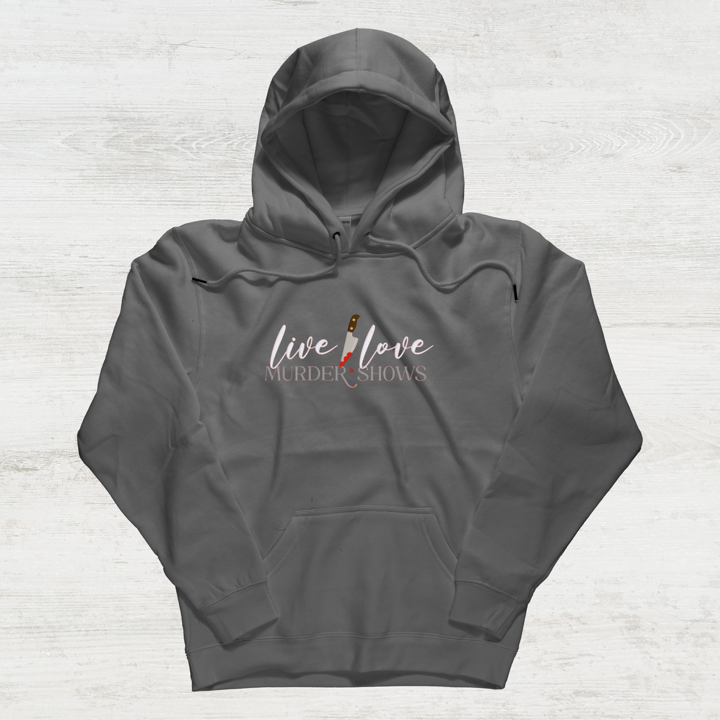 Custom live love murder shows embroidered hoodie by Rebel Needleworks - true crime fan gift UK