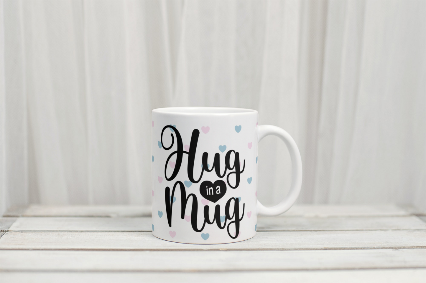 Hug in a mug heart print custom mug by Rebel Needleworks - personalised thoughtful gift mug UK