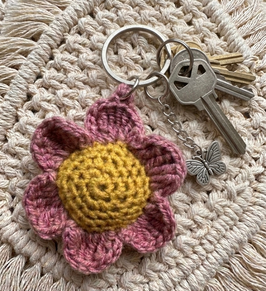 Handmade floral crochet keyring by Rebel Needleworks - cute flower bag charm UK