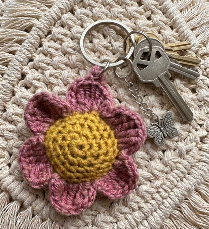 Handmade floral crochet keyring by Rebel Needleworks - cute flower bag charm UK