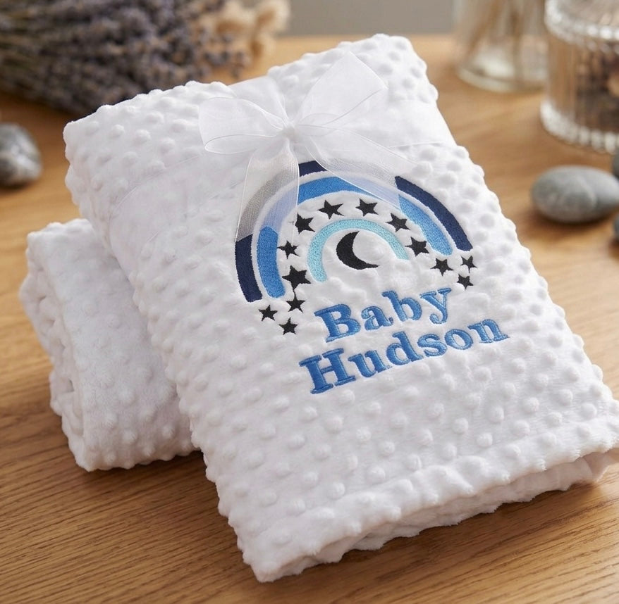 Embroidered moon stars personalised baby bubble blanket by Rebel Needleworks - custom gift UK