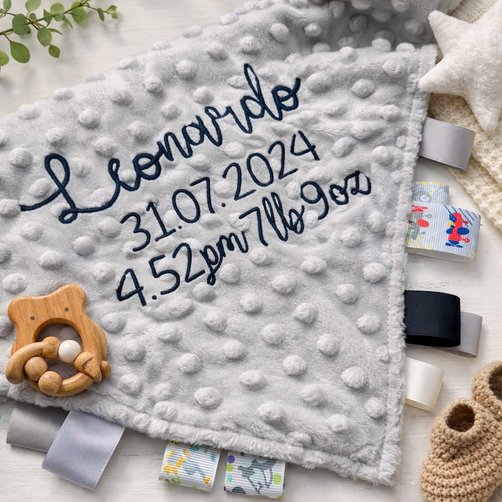 Taggy comforter with embroidered name by Rebel Needleworks - personalised baby shower gift UK