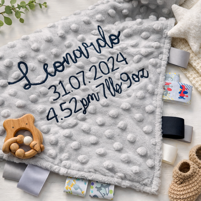 Taggy comforter with embroidered name by Rebel Needleworks - personalised baby shower gift UK
