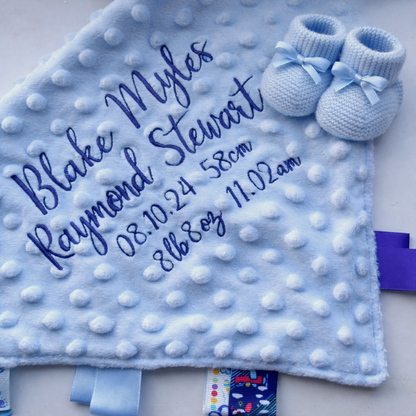 Rebel Needleworks personalised taggy comforter - embroidered name baby shower gift UK