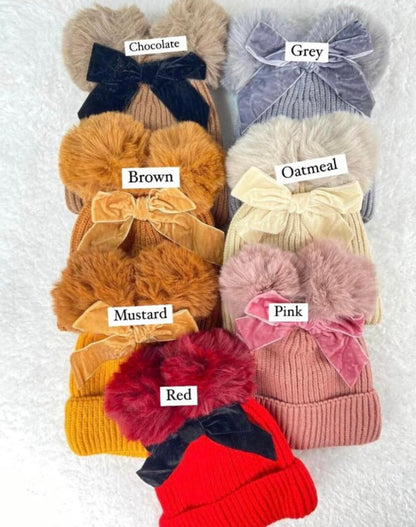 Rebel Needleworks embroidered double pom pom baby hat - personalised kids bow hat UK