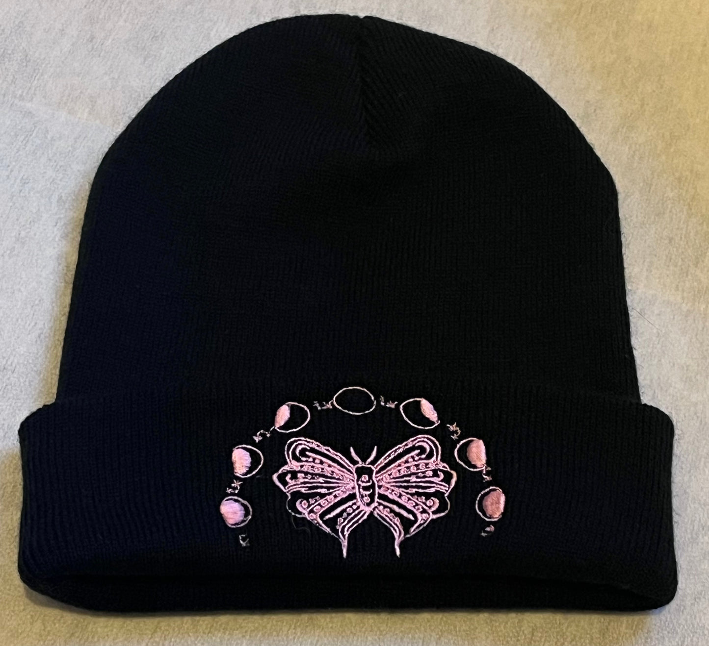 Moth & Phases Of The Moon Embroidered Black Beanie Hat