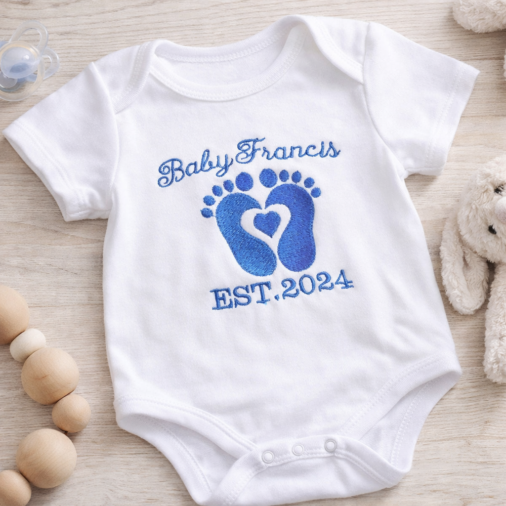 Personalised embroidered footprint baby grow by Rebel Needleworks - custom name and number newborn gift UK