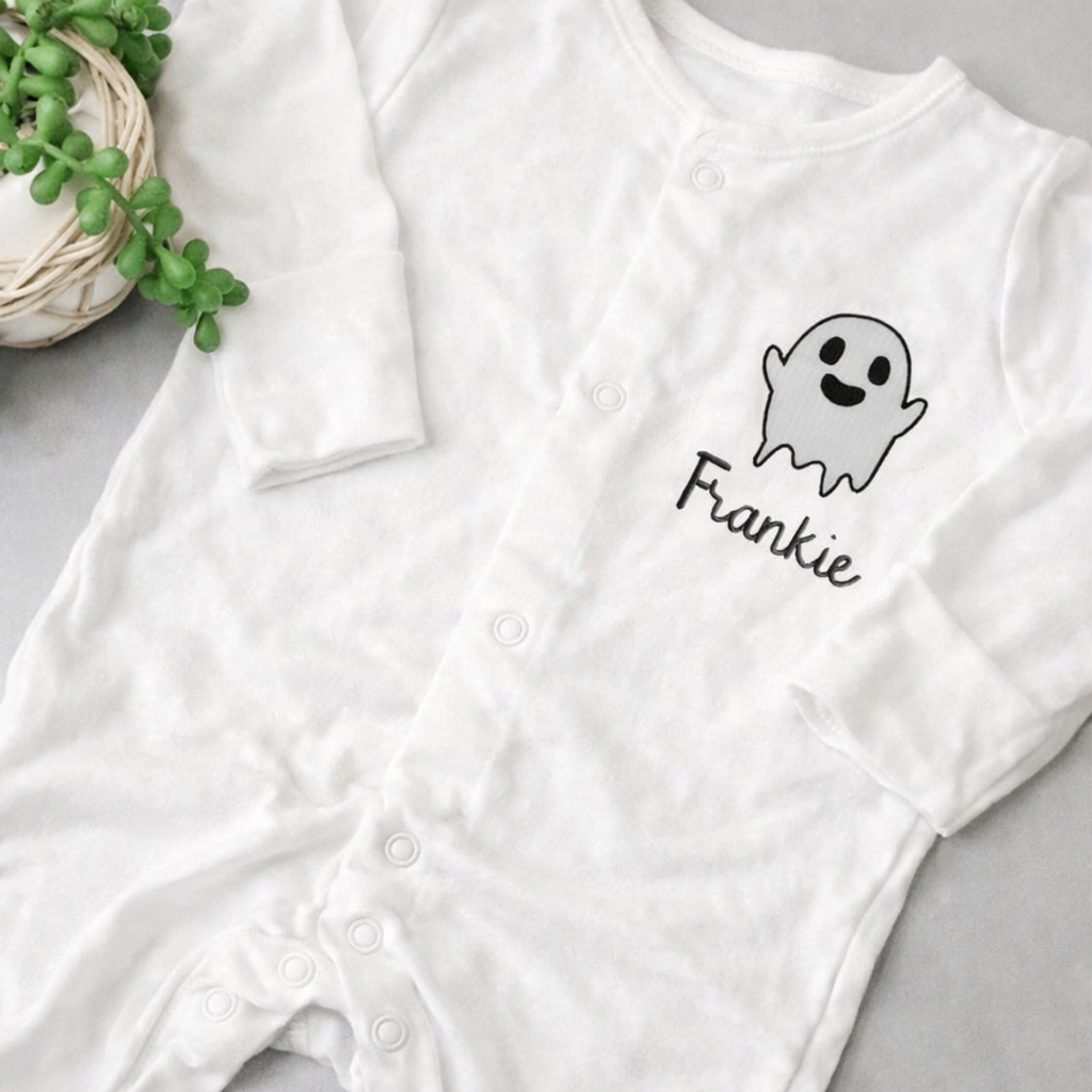 Personalised Halloween ghost baby sleepsuit by Rebel Needleworks - custom embroidered gift UK