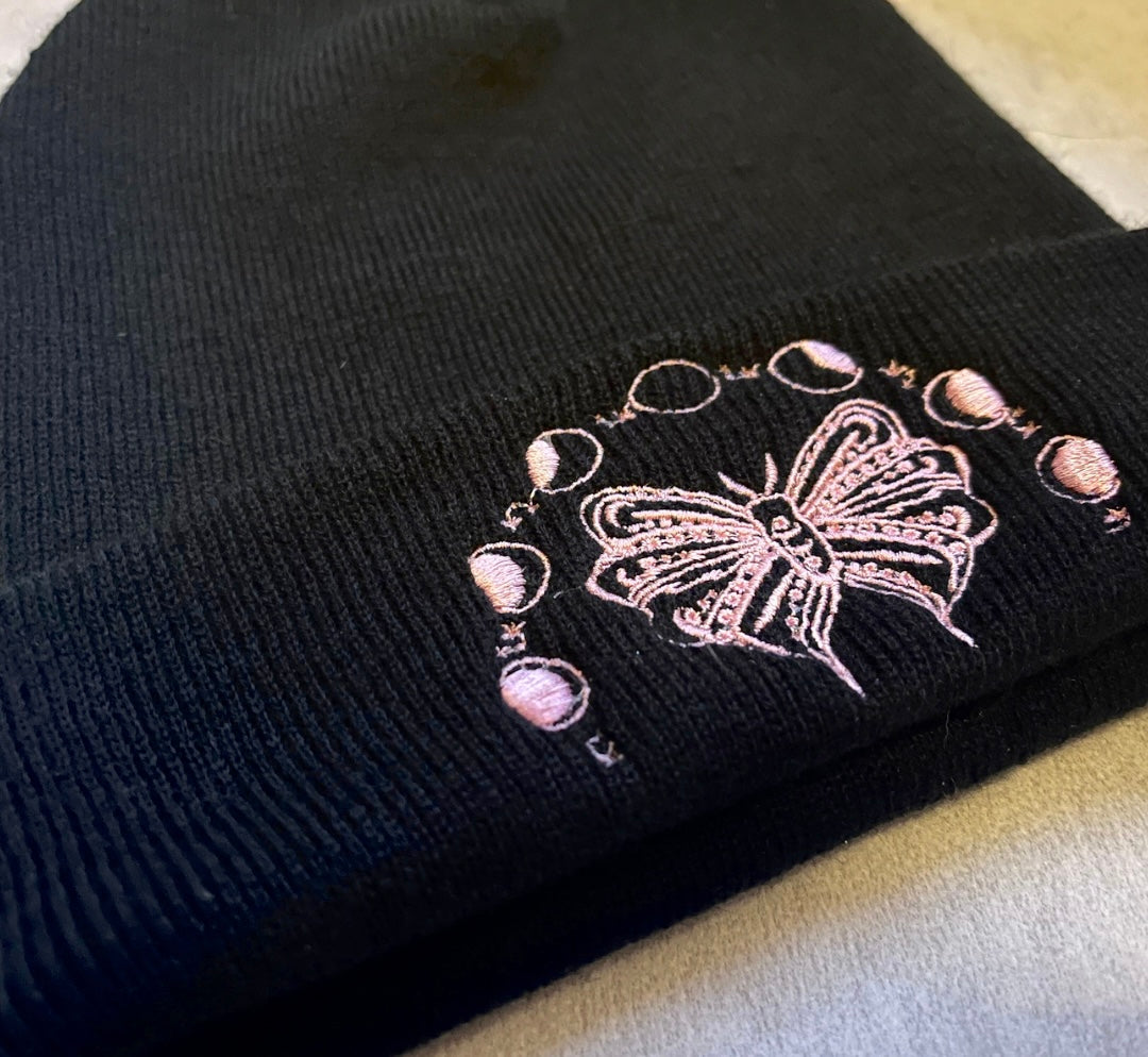 Moth & Phases Of The Moon Embroidered Black Beanie Hat