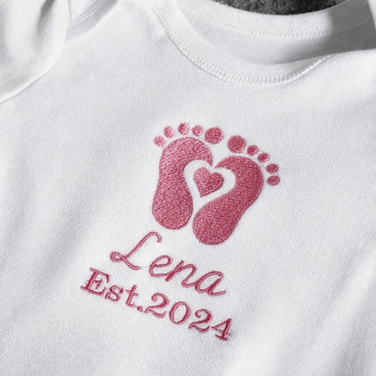 Embroidered footprint baby onesie by Rebel Needleworks - personalised custom newborn gift UK