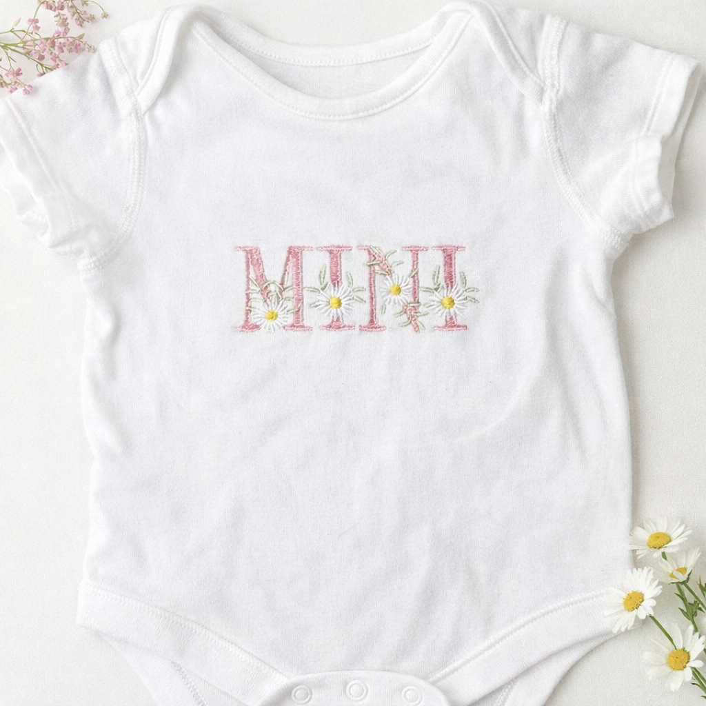 MINI pink floral baby grow by Rebel Needleworks - personalised matching mum and baby gift UK