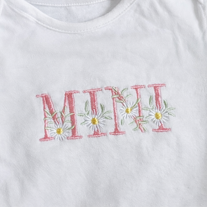Custom MINI pink floral baby grow by Rebel Needleworks - personalised matching baby gift UK