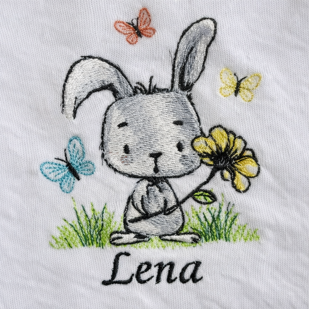 Custom rabbit butterfly embroidered baby bodysuit by Rebel Needleworks - personalised gift UK