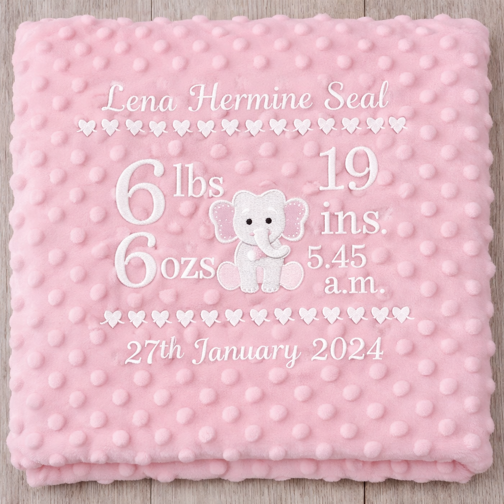 Custom birth announcement embroidered bubble blanket by Rebel Needleworks - personalised baby gift UK