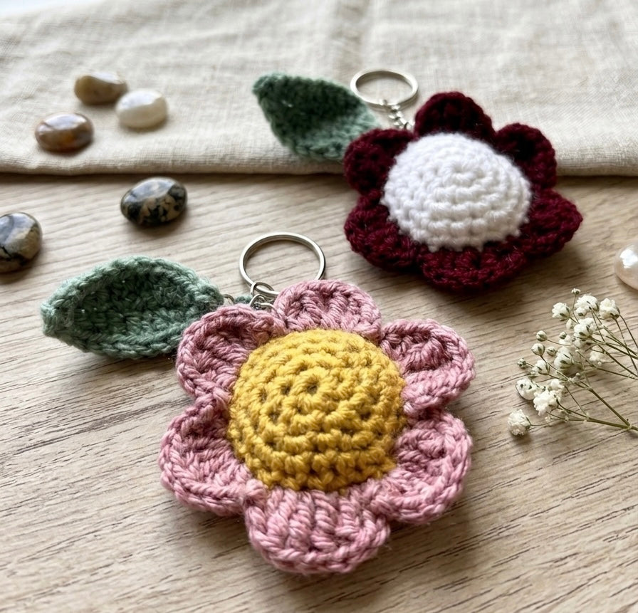 Handmade flower crochet keyring by Rebel Needleworks - cute floral bag charm UK