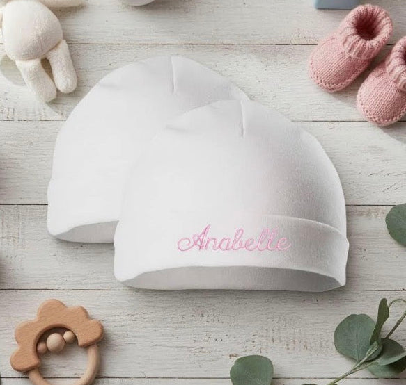 Embroidered pair of baby hats by Rebel Needleworks - personalised twin baby hat gift UK