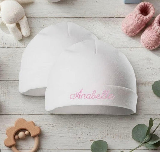 Embroidered pair of baby hats by Rebel Needleworks - personalised twin baby hat gift UK
