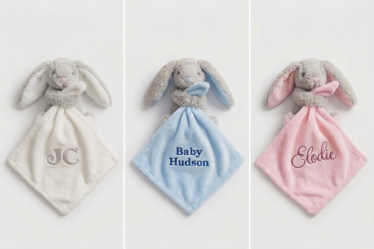 Custom embroidered rabbit comforter by Rebel Needleworks - personalised baby shower gift UK