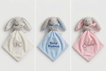 Custom embroidered rabbit comforter by Rebel Needleworks - personalised baby shower gift UK