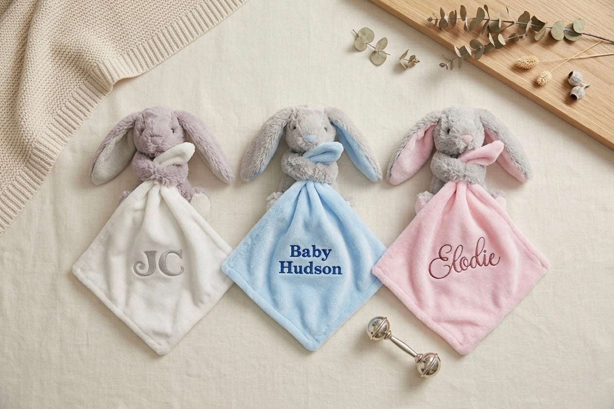 Rebel Needleworks personalised rabbit comforter - custom embroidered baby shower gift UK