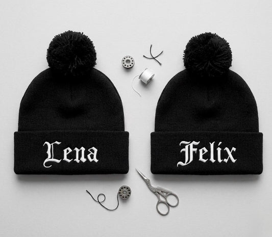 Baby/Toddler Gothic Embroidered Black Bobble Hat