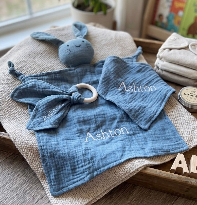 Bunny organic cotton comforter and set by Rebel Needleworks - personalised baby shower gift UK