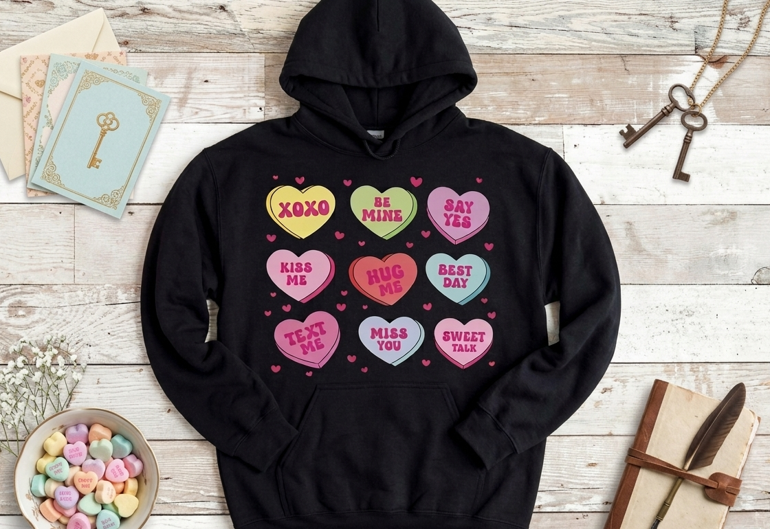 Custom love hearts print hoodie by Rebel Needleworks - personalised gift clothing UK
