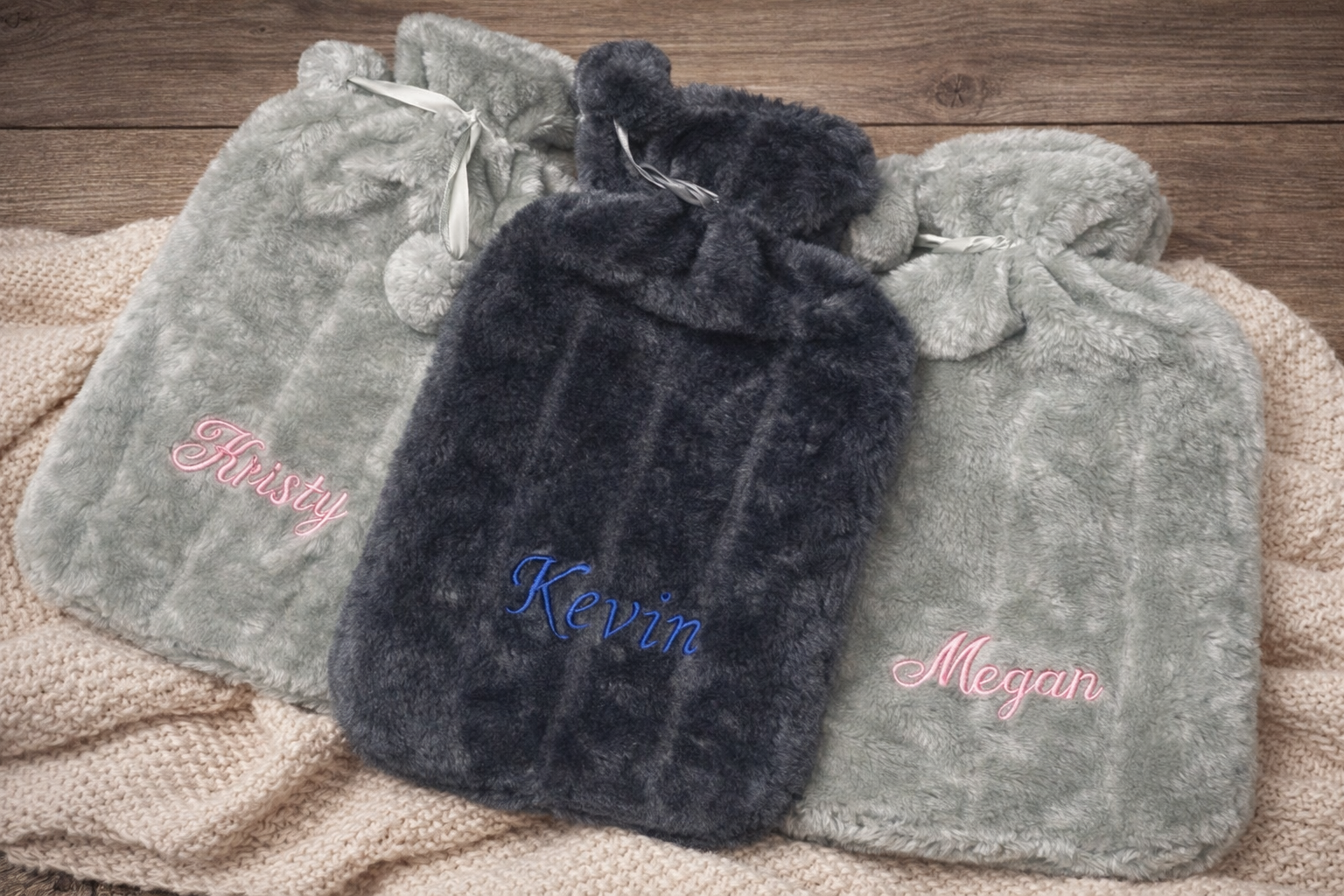 Personalised plush hot water bottle embroidered by Rebel Needleworks - custom gift UK