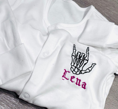 Skeleton rock hands embroidered baby grow by Rebel Needleworks - alternative gothic personalised baby gift UK