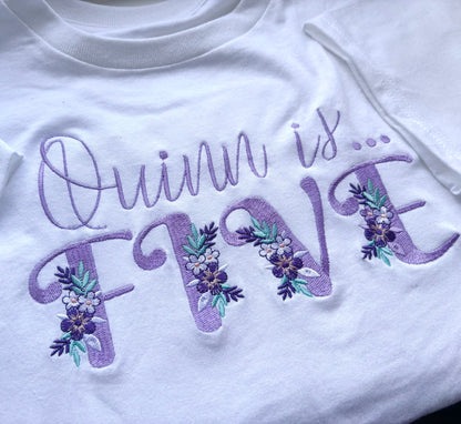 Baby and kids floral embroidered birthday t-shirt by Rebel Needleworks - personalised birthday gift UK
