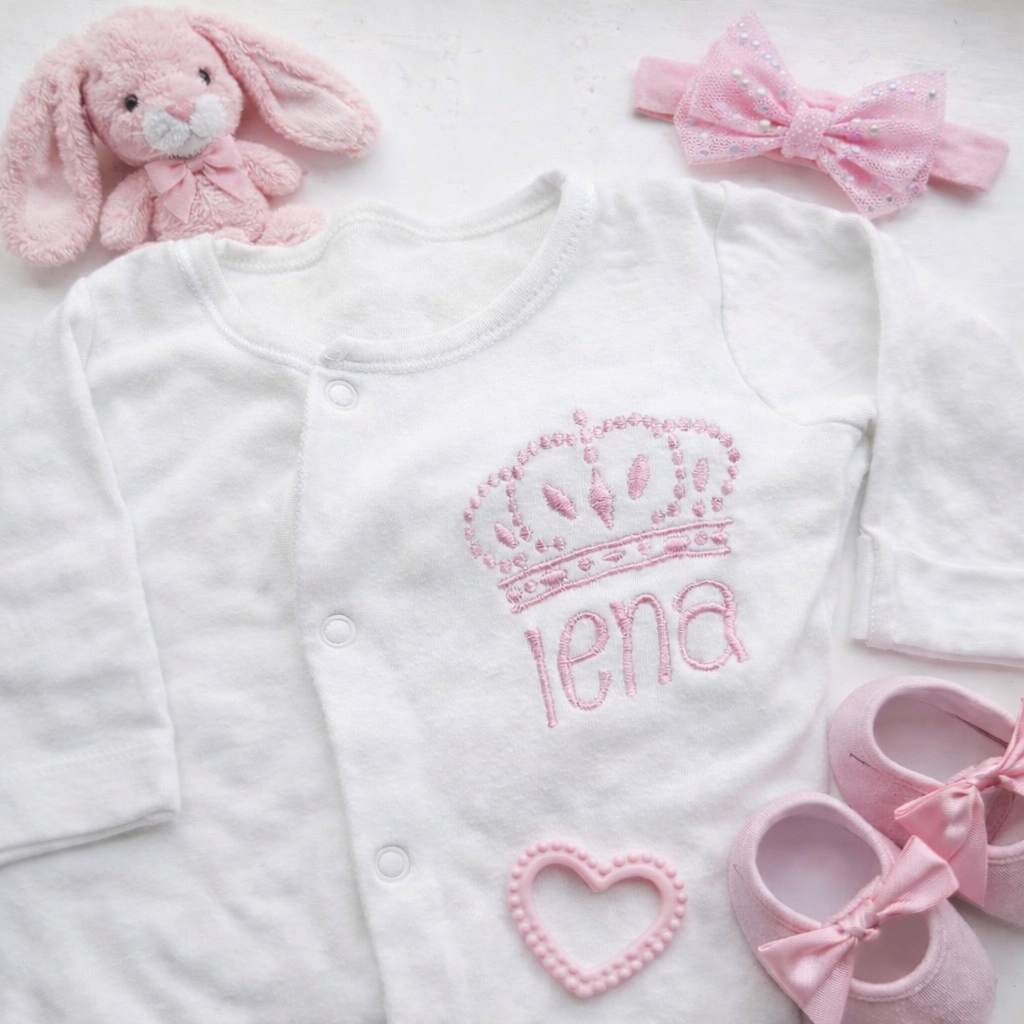 Embroidered personalised crown sleepsuit by Rebel Needleworks - custom royal baby gift UK