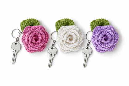 Custom crochet rose keyring and bag charm by Rebel Needleworks - handmade floral accessory UK