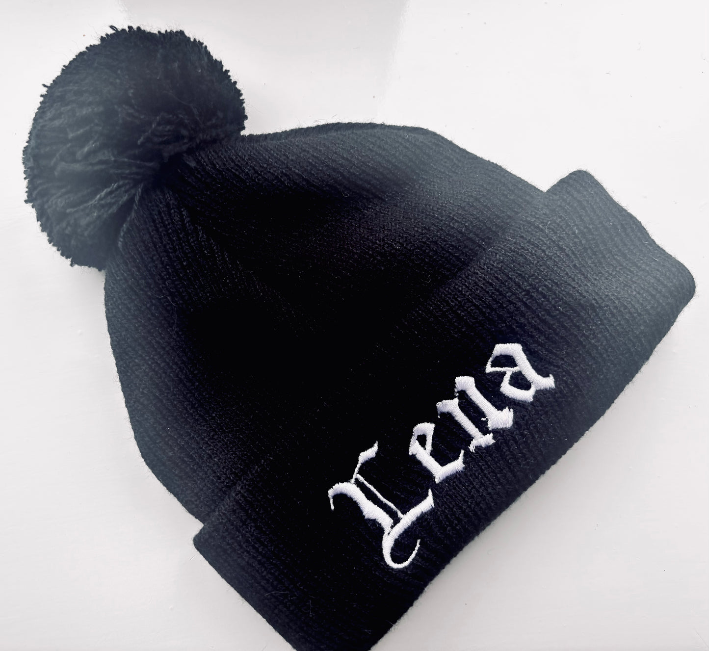 Baby and toddler gothic embroidered black bobble hat by Rebel Needleworks - alternative baby hat UK