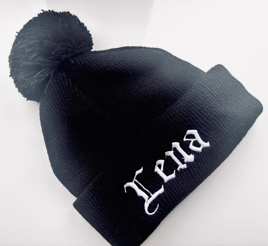 Baby and toddler gothic embroidered black bobble hat by Rebel Needleworks - alternative baby hat UK