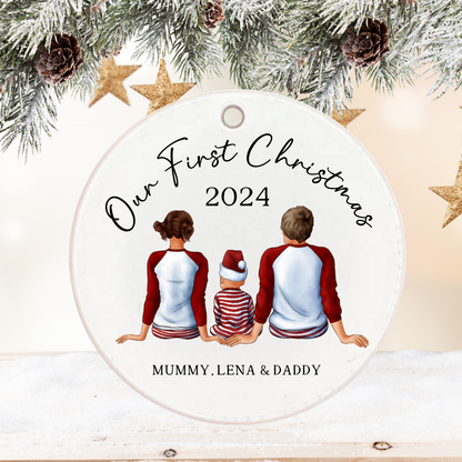 Custom family first Christmas tree decoration by Rebel Needleworks - personalised festive gift UK