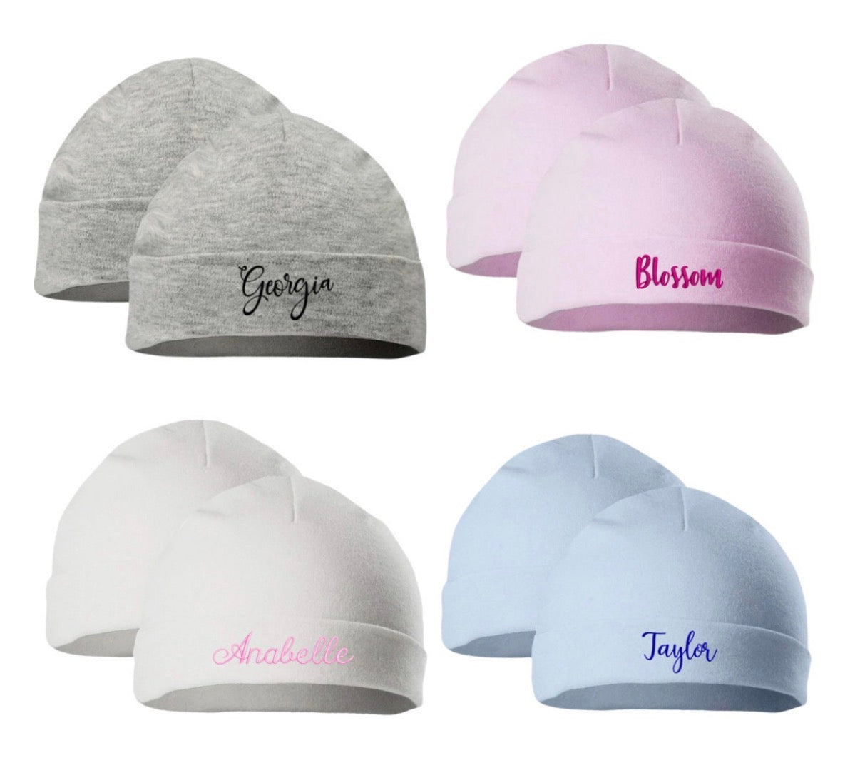 Custom embroidered baby hats pair by Rebel Needleworks - personalised baby hat gift UK