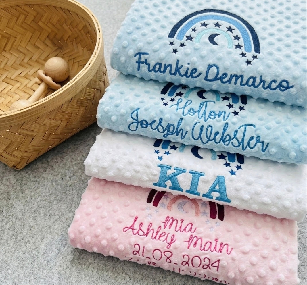 Personalised embroidered moon and stars bubble blanket by Rebel Needleworks - custom baby gift UK