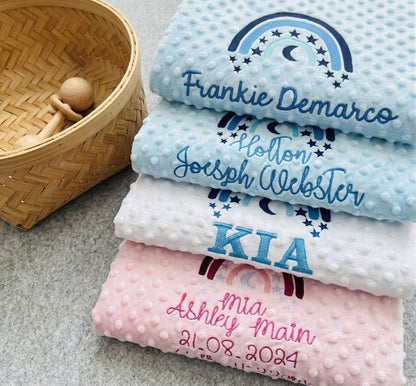 Personalised embroidered moon and stars bubble blanket by Rebel Needleworks - custom baby gift UK