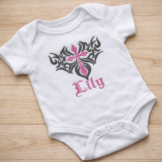 Gothic cross embroidered personalised name baby grow by Rebel Needleworks - alternative gothic baby gift UK