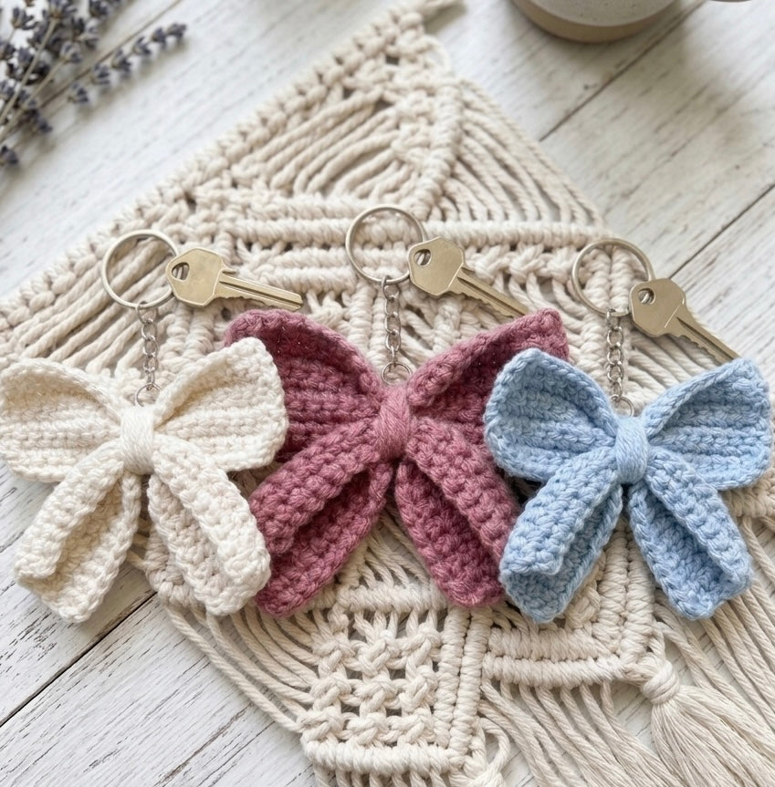 Handmade cute crochet bow keyring by Rebel Needleworks - handmade bag charm accessory UK