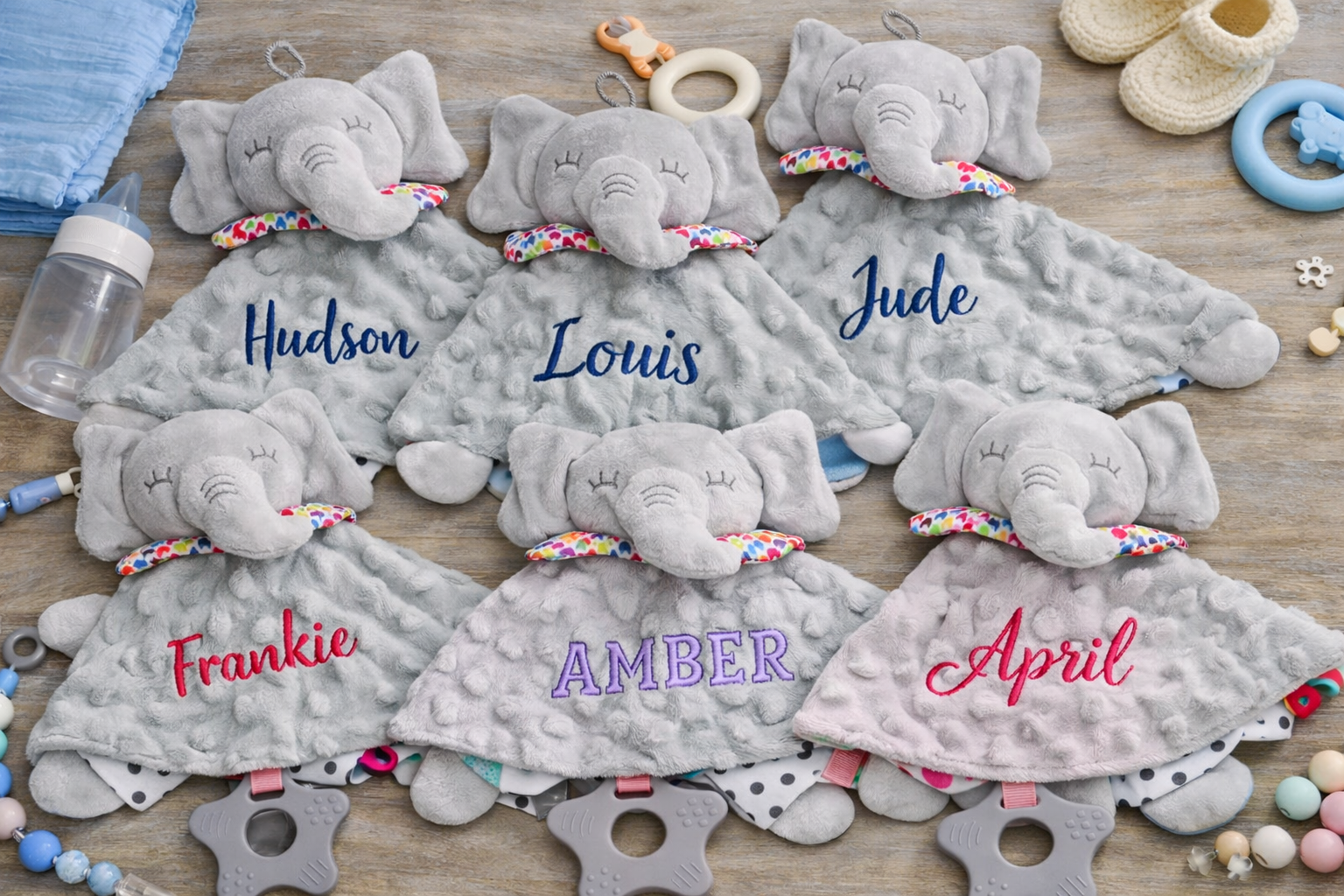 Personalised embroidered grey elephant comforter by Rebel Needleworks - custom baby shower gift UK